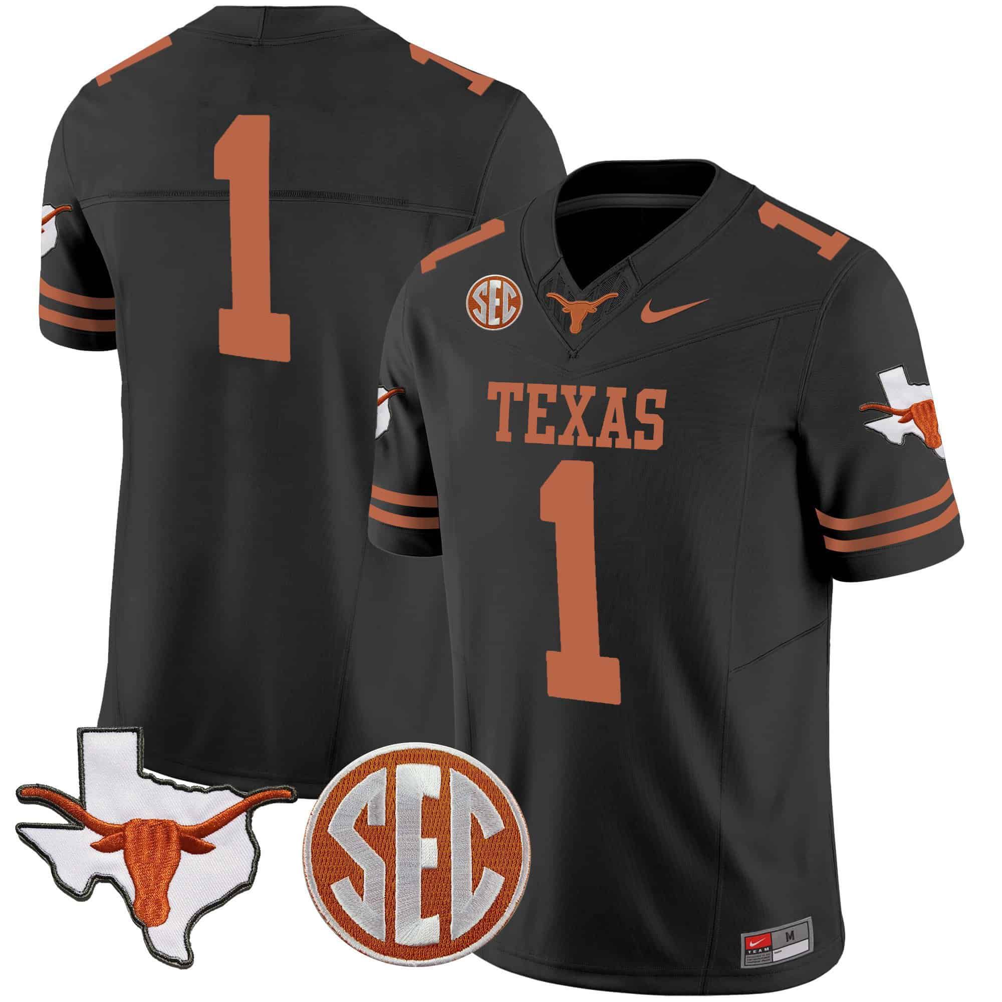 Men Texas Longhorns 1 No Name Black 2024 Nike State Map & SEC Patch Vapor NCAA Jersey style 1